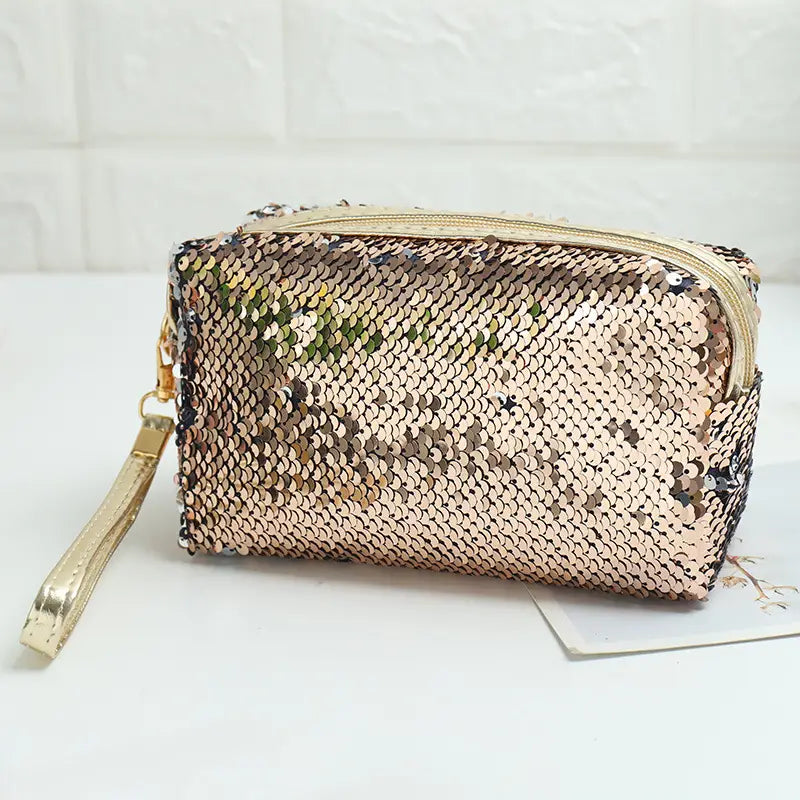 Portable Sequin Makeup Organizer Bag with Zipper Closure