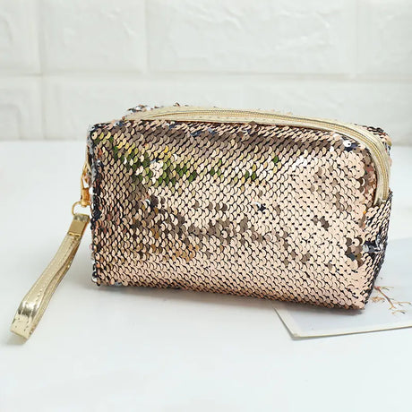 Portable Sequin Makeup Organizer Bag with Zipper Closure