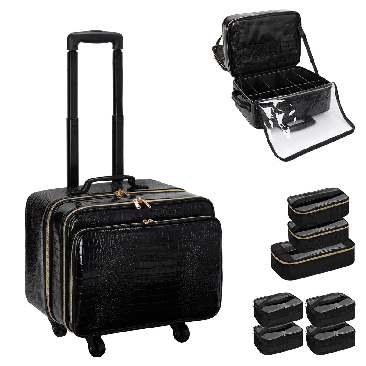 OCHEAL Rolling Makeup Train Casewith 7 Pcs Clear Makeup Bags 18" Carry On Travel Cosmetic Organizer SuitcaseExtra Large Storage Trolley Makeup Case On Wheels for Hairstylist Cosmetology Artist