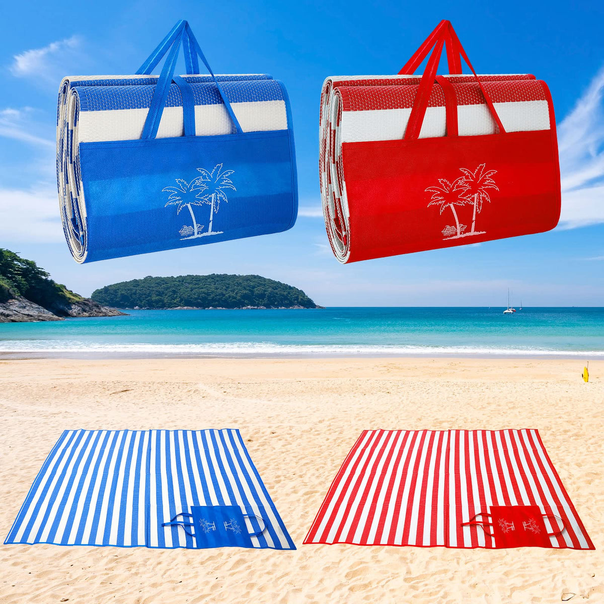 Woanger 2 Pieces Tatami Straw Ground Mat Foldable Waterproof Handy Mat with Strap Portable Straw Beach Mat RV Outings Camping Outdoor Travel Hiking Lawn 60 L x 78 W Red and Blue