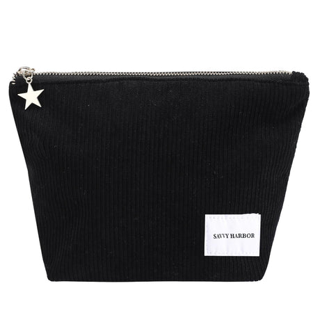 Savvy Harbor Makeup Bag Zipper Pouch Travel Cosmetic Organizer for Women Elegant Roomy Cosmetic Bag for Women Women Makeup Organizer and Travel Toiletry Bag for Women Gift (Corduroy Black)