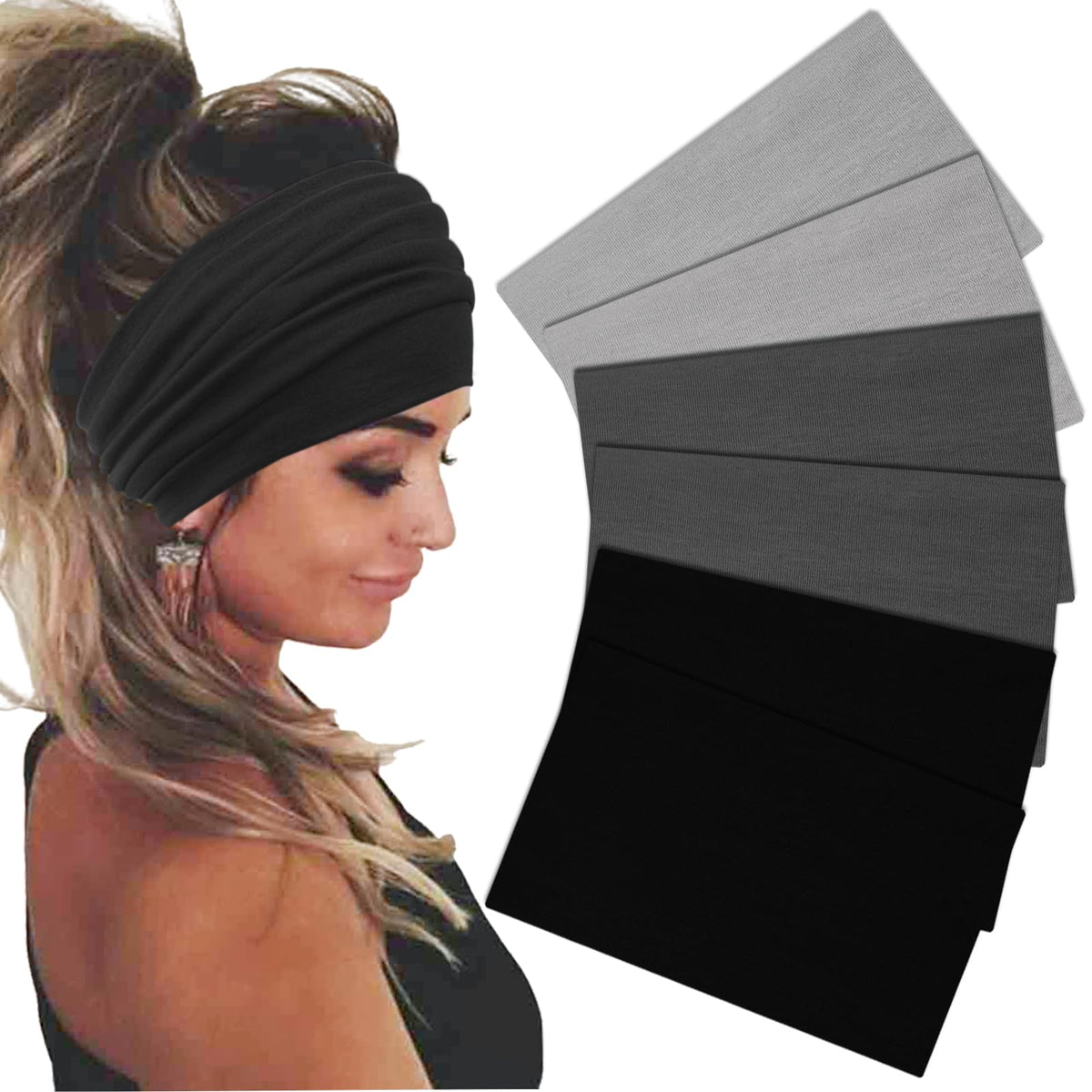 Sefiinh Wide Headbands For Women Stretch Headband Boho Head Bands Womens Hair Band Turban Workout Hairband Accessories Black Gray 6 Pack