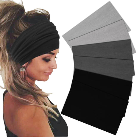 Sefiinh Wide Headbands For Women Stretch Headband Boho Head Bands Womens Hair Band Turban Workout Hairband Accessories Black Gray 6 Pack