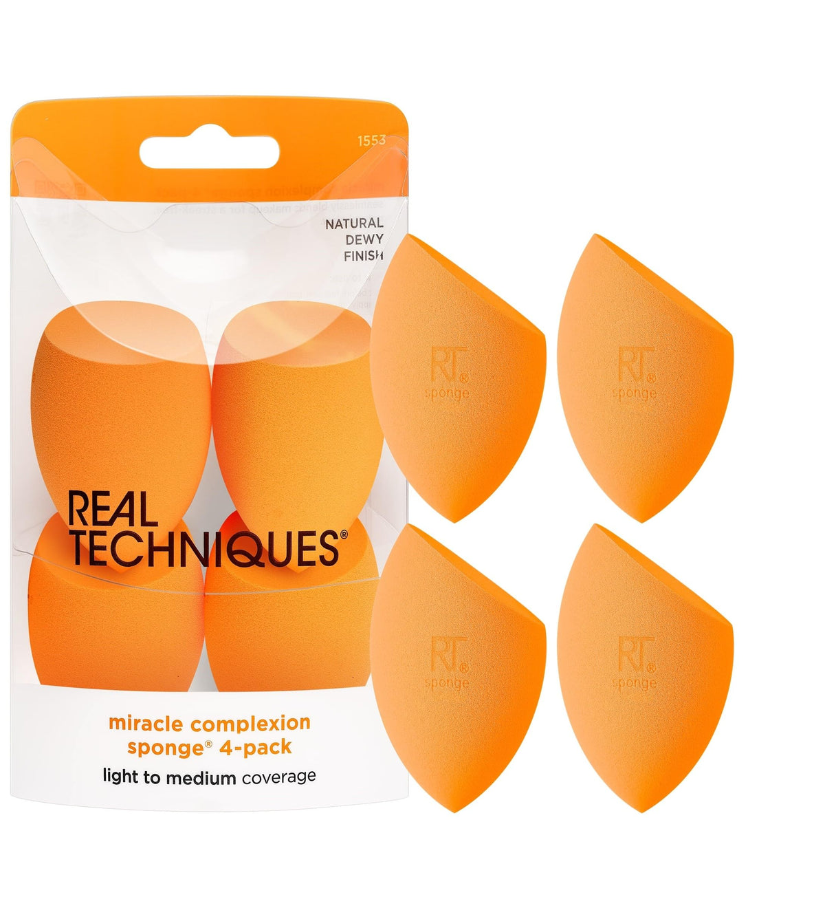 Real Techniques Miracle Complexion Sponge Makeup Blender for Liquid and Cream Foundation Full Coverage Streak-Free Professional Makeup Tool Cruelty Free Vegan Latex Free 4 Count
