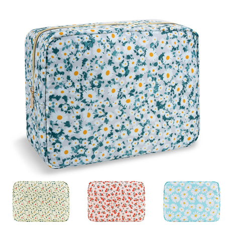 Waterproof Large Floral Makeup Bag PouchNylon Travel Toiletry Storage Bag Preppy Flower Cosmetic Bag for Women GirlLarge Capacity Makeup Organizer Bag Zipper Pouch for Work(Large Green-Daisy)