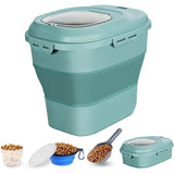 JOSUCLEN Dog Food Storage Container Collapsible 50 lbs Large Pet Cat Food Container with Wheels 25 lbs Airtight Kitchen Cereal Rice Storage with Transparent Lid Folding Bowl Measuring Cup Spoon