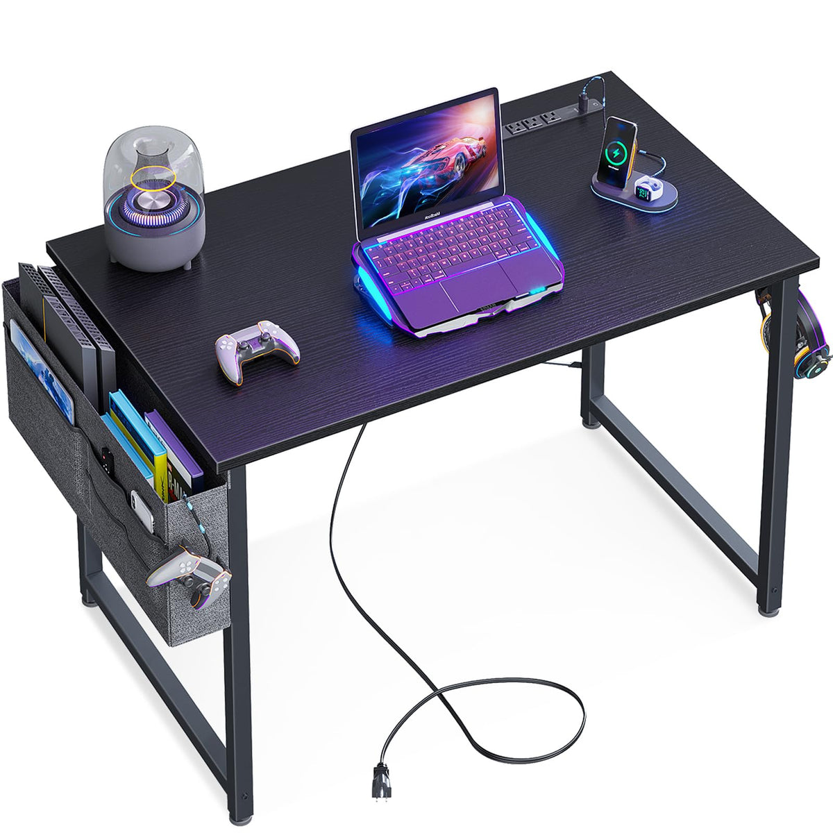 KKL Small Desk with Power Outlets and USB Port Computer Desk for Home Office Gaming Simple Modern Style Writing Desks with Storage Bag Headphone Hook 32 inch Black