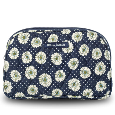 Bella Taylor Large Quilted Cotton Makeup Pouch for Women Travel Cosmetic Bag Quilted Cotton Dotted Daisy Navy Floral