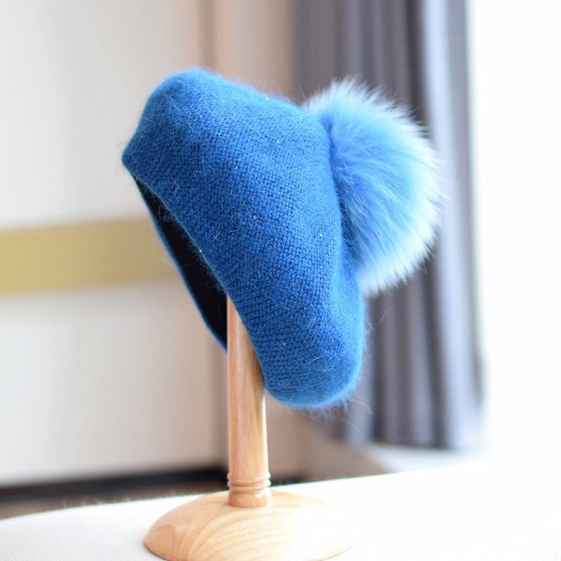 Knitted Sequin Beret with Rabbit Hair Detail