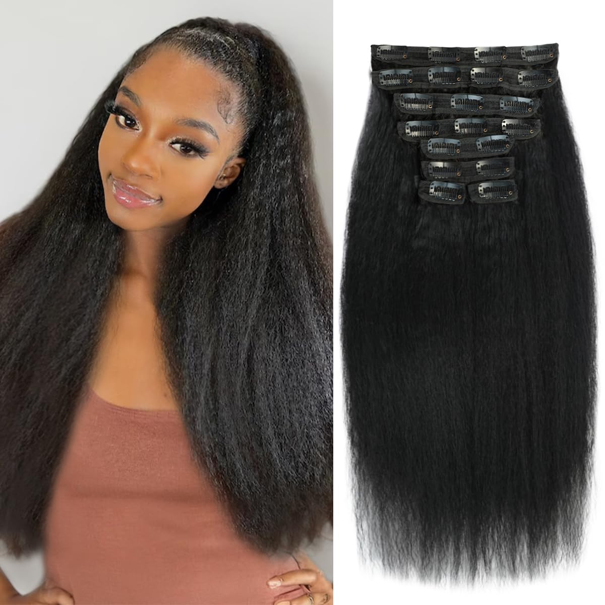 Kinky Straight Clip ins 18 Inch Clip in Hair Extensions Real Human Hair Yaki Straight Clip ins for Black Women Full Head Brazilian Remy Hair Extensions Double Weft 8Pcs 100g 20 Clips