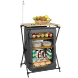 Finnhomy Outdoor Folding Camping Cabinet with 3-Tier Storage Organizer Bamboo Top Camping Table with Carry Bag and Side Hooks for BBQ Camping Picnic Backyard Grey