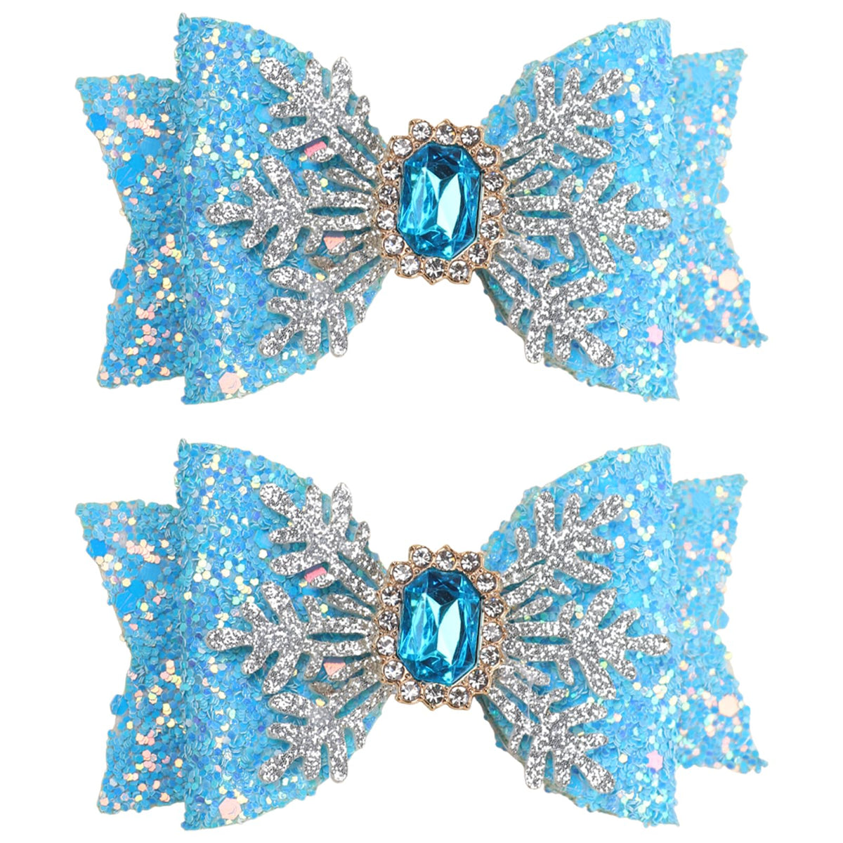 Snowflakes Bow Hair Clips Christmas Hair Bow Clip Sliver Snowflakes with Blue Crystal Design Toddler Hair Accessories Sparkling Sequin Bow Hair Clip for Girls Teens Women-2PCS (Blue)