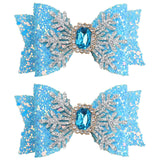 Snowflakes Bow Hair Clips Christmas Hair Bow Clip Sliver Snowflakes with Blue Crystal Design Toddler Hair Accessories Sparkling Sequin Bow Hair Clip for Girls Teens Women-2PCS (Blue)