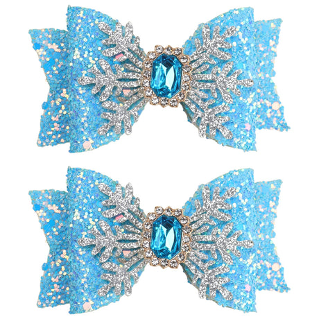 Snowflakes Bow Hair Clips Christmas Hair Bow Clip Sliver Snowflakes with Blue Crystal Design Toddler Hair Accessories Sparkling Sequin Bow Hair Clip for Girls Teens Women-2PCS (Blue)