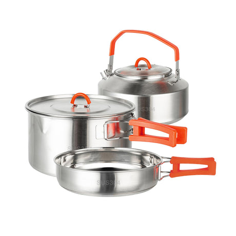 KERMANDO Stainless Steel Camping Cookware Set - Kettle Frying Pan and Cooking Pot 3 Piece Set With Anti-scald Folding Handles and Mesh Bag