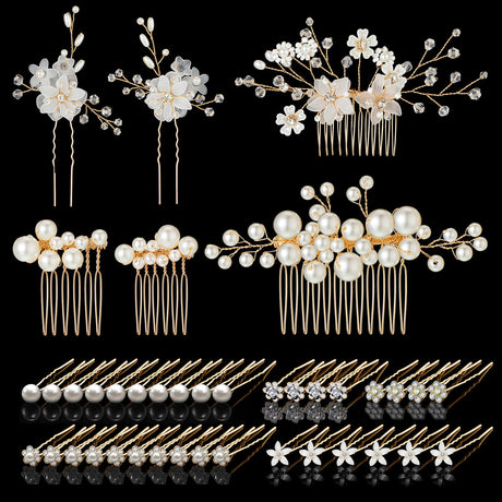 40 Pieces Bridal Hair Accessories: Gold White Flower Clips U-Shaped Pearl Crystal Rhinestone Pins Rose Glitter Headpiece for Women and Girls