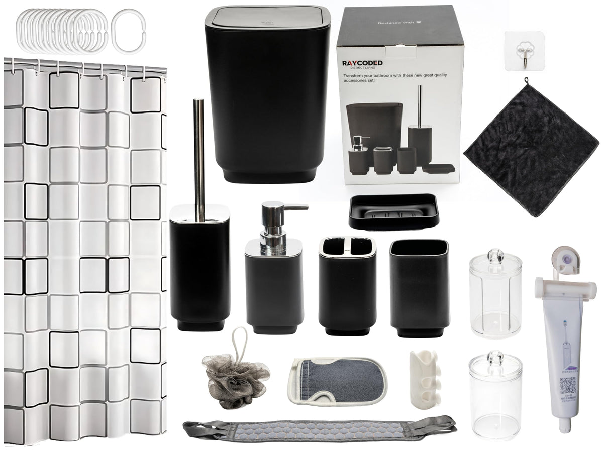 RAYCODED 29pcs Bathroom Accessories Set Bathroom Accessory Set with Trash Can Bathroom Shower Curtain Sets Shower Curtains for Bathroom Sets Black Restroom Decor and Accessories