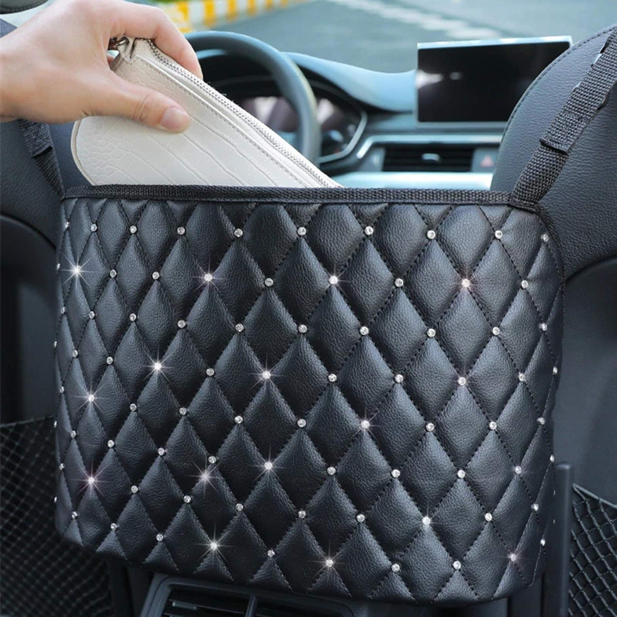 LEQC Cortical Car Net Pocket Handbag Holder Car Purse Holder Between Seats Car Seat Organizer Durable Car Seat Storage Pu Leather Hanging Storage Bag Storage Barrier of Backseat Pet Kids