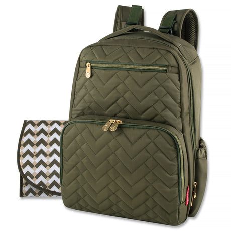 Baby Essentials Fisher-Price Signature Morgan Quilted Backpack Diaper Bag with Changing Pad Stroller Clips Laptop Compartment (Olive)