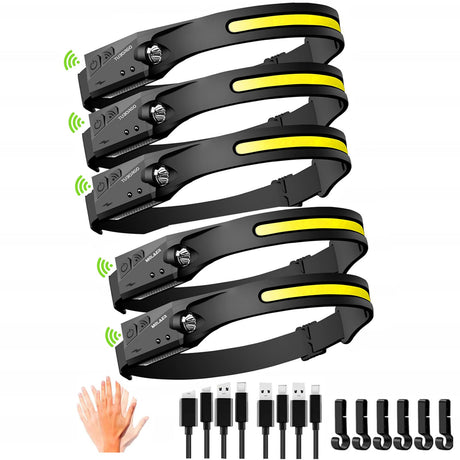 Headlamp Rechargeable 230° Wide Beam Head LampPortable Lightweight headlaght with Motion Sensor- Adults Camping Accessories GearWaterproof Head Light Flashlight for Cycling Fishing Repairing (5PCS)