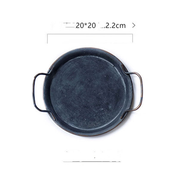 Distressed Round Iron Storage Tray with Handle