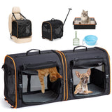 UNICITII 2-in-1 Cat Dog Carrier for Pets up to 30 Lbs Double Pet Carrier Car Travel Portable Twin Compartment Pet Kennel Dog Crate Set with Litter Box Bowl for Outdoor Camping