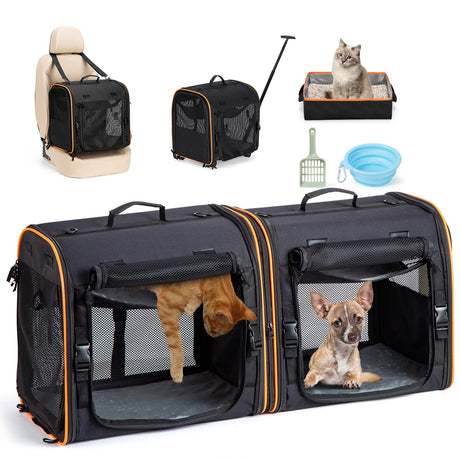 UNICITII 2-in-1 Cat Dog Carrier for Pets up to 30 Lbs Double Pet Carrier Car Travel Portable Twin Compartment Pet Kennel Dog Crate Set with Litter Box Bowl for Outdoor Camping