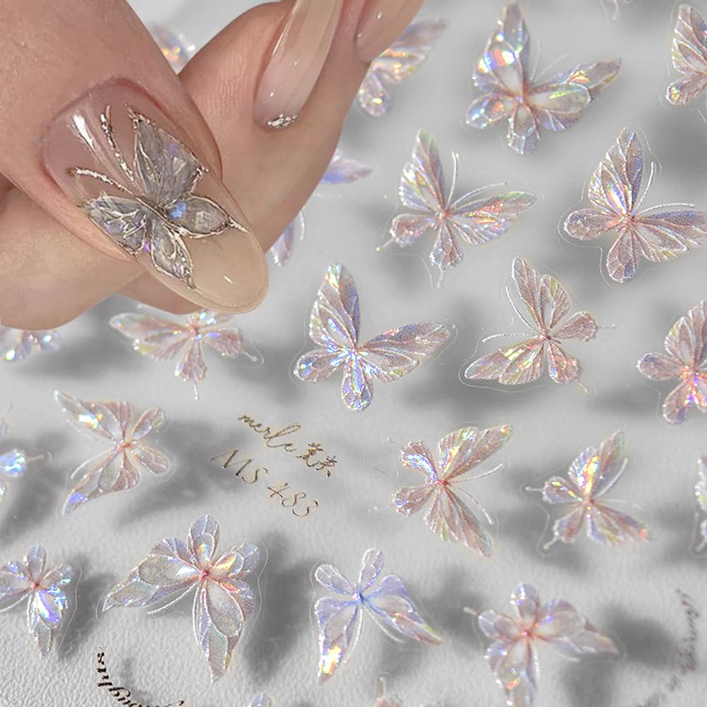Shining Aurora Shell Butterfly Nail Stickers3D Relief Butterflies Nail Art Stickers Pink Laser Butterfly Nail Design Nail Decals For Women Manicure Nail Decorations Nail Art Supplies Nail Accessories