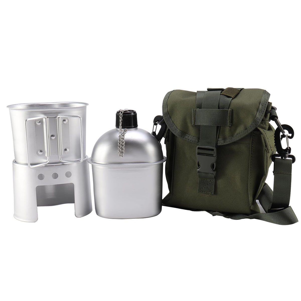 Military Canteen with Cup Stove and Molle Pouch with Strap Water Canteen Military Surplus Army Canteen for Outdoor Camping Hiking Surviving Backpacking