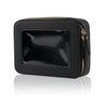 IRROMI Clear Makeup Case Durable Saffiano Faux Leather Travel Cosmetic Bag Toiletry Bag with Visual Window & Dual Zippers Travel Essentials for Women (Black Medium)