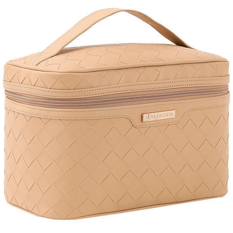 Dajasan Makeup Bag Cosmetic Bag Travel Makeup Bag Large Capacity Makeup Organizer Bag Portable Travel Toiletry Bag for Women Girls PU Leather Waterproof 11.81 x 6.7 x 7.09 Inch (Khaki)