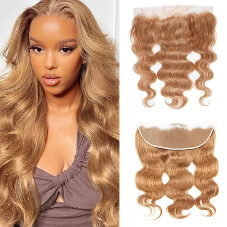 13X4 Frontal Human Hair Blonde Frontal 18 Inch Transparent Lace Ear To Ear Lace Frontal #27 Blonde Body Wave Brazilian Remy Human Hair High Density Natural Hairline With Baby Hair Grade 10A