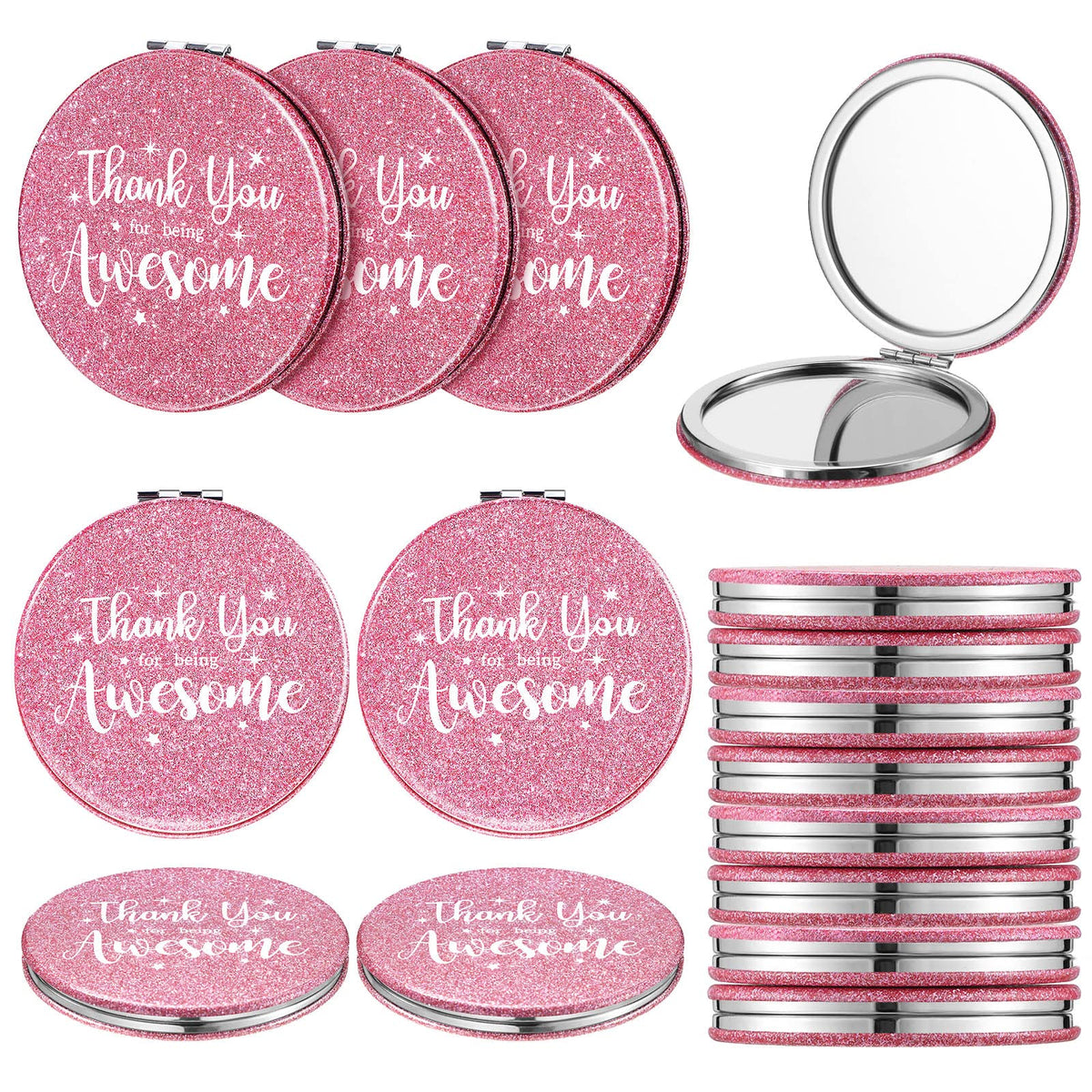 Roowest 12 Pcs Inspirational Compact Mirror Valentines Small Gifts for Women Bulk Thank You for Being Awesome Makeup Mirror for Purse Double Sided Travel Magnifying Pocket Mirror for Mom(Pink)