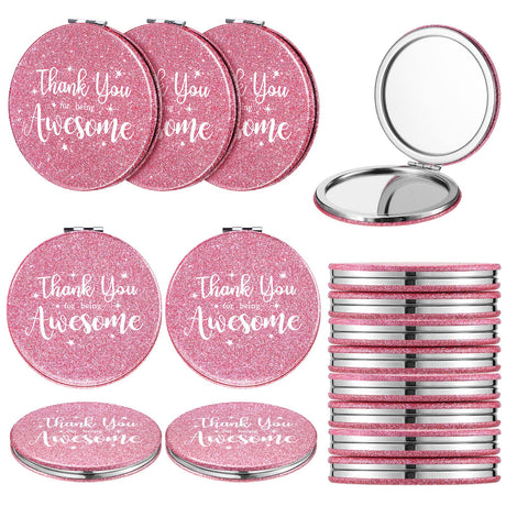 Roowest 12 Pcs Inspirational Compact Mirror Valentines Small Gifts for Women Bulk Thank You for Being Awesome Makeup Mirror for Purse Double Sided Travel Magnifying Pocket Mirror for Mom(Pink)