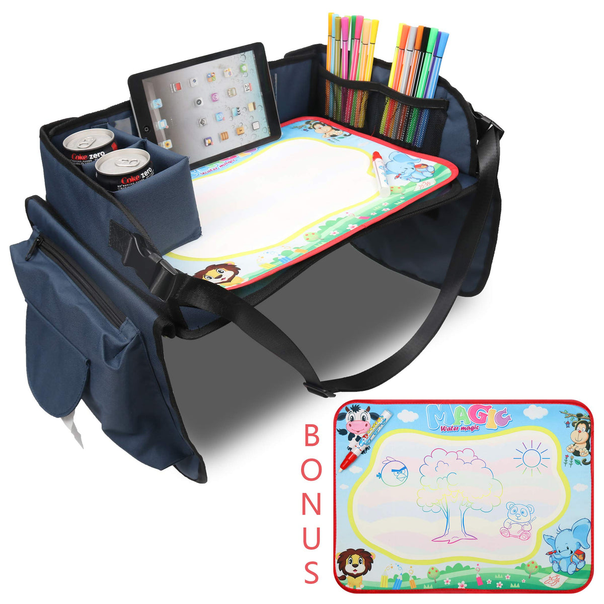 Becko US Children’s Travel Toy Tray Kids’ Car Seat Snack Game Tray Activity Table for Stroller Car Airplane Road Trip with Doodle Mat Foldaway & Portable