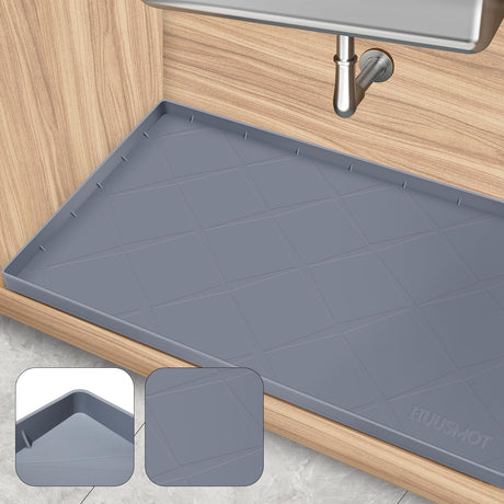 HUUSMOT Under Sink Mat 28" x 22" Extra Thick Waterproof Silicone Liner Cabinet Protector Tray Organizer for Kitchen (Grey)
