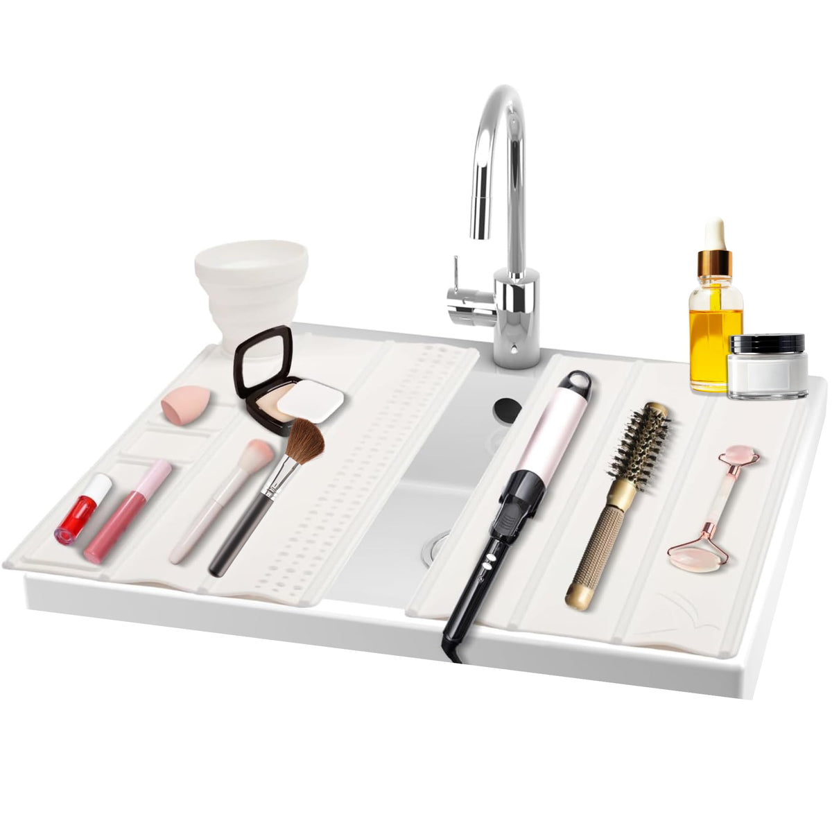 Bathroom Foldable Sink Cover for Counter Space - 2 Roll up Silicone Beauty Mat Heat Resistant for hot Tools Sink Topper Bathroom Countertop Organization Travel Bag (White Large 2 Pcs)