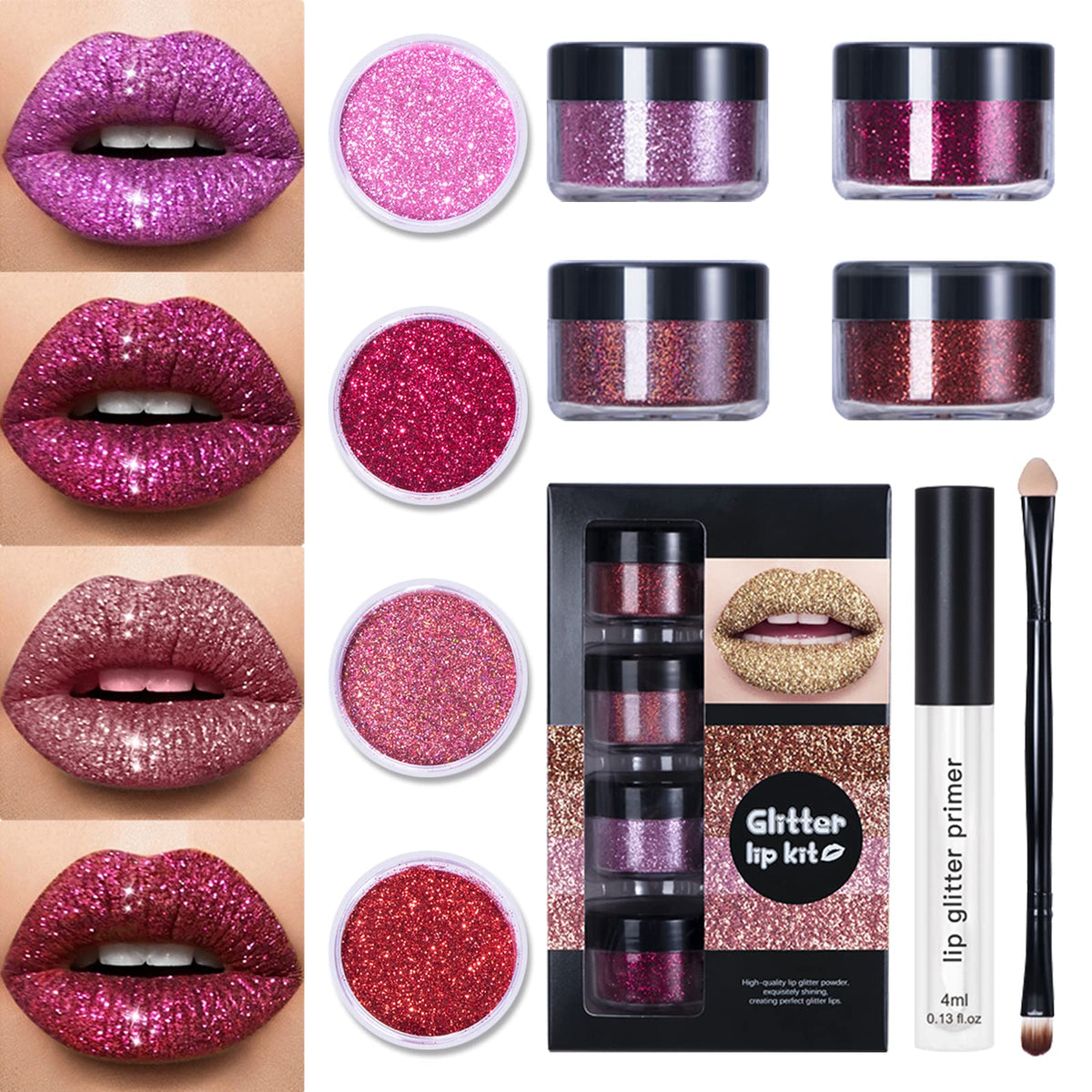 LOKFAR 4 Colors Glitter Lip Kit Shiny Diamond and Metallic Lip Glitter Makeup Lipstick Lip Gloss Glitter Lipstick Waterproof & Long Lasting Lip makeup Powder Set for Lips Nails Art(Set A Warm Color)