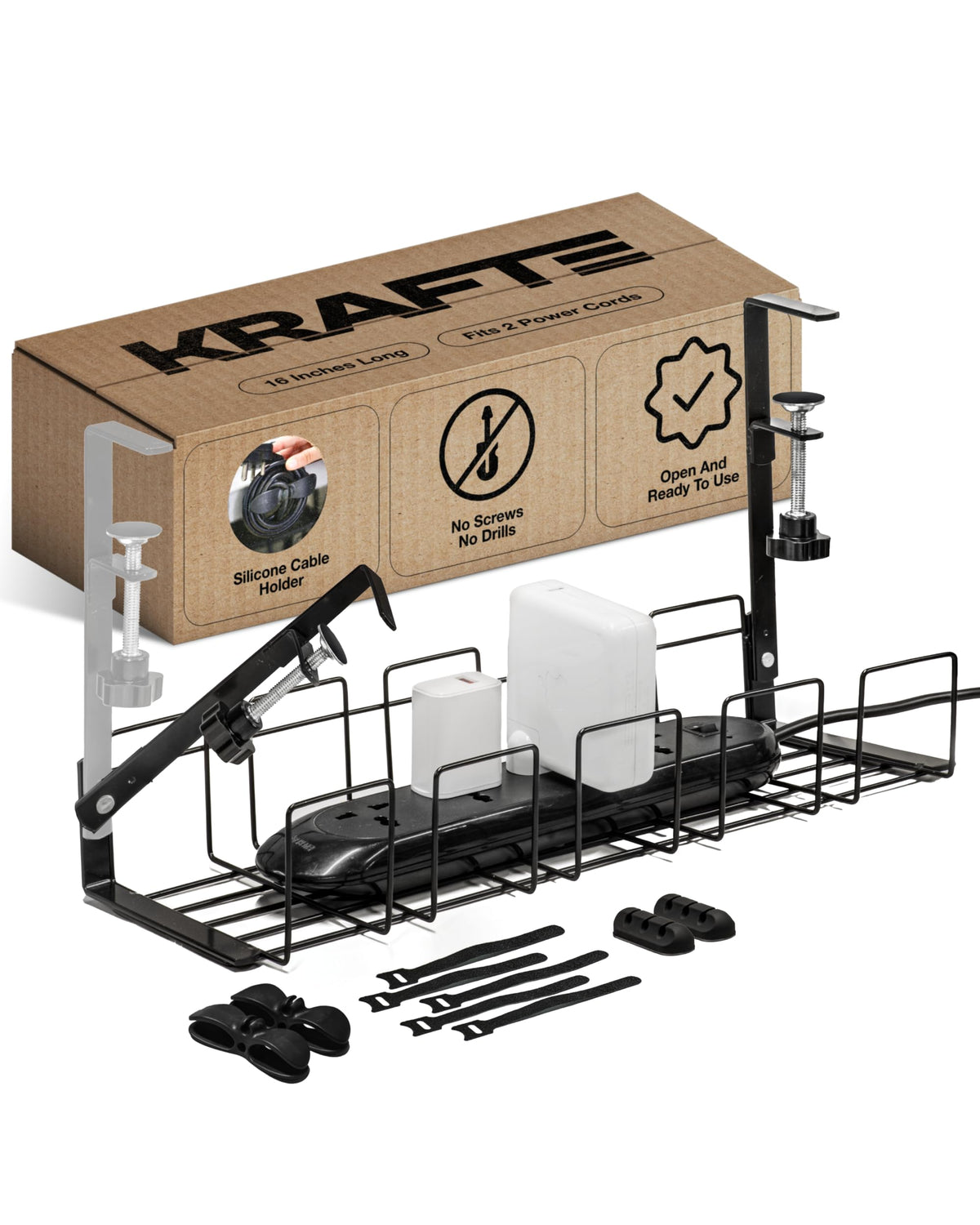 Under Desk Cable Management Tray - 16” No Screw Ready to Install - Hanging Basket Box for Wire Management - Sturdy Desk Cable Tray Organizer fits Two Power Cords - Ideal for Home & Office - 11pc Set