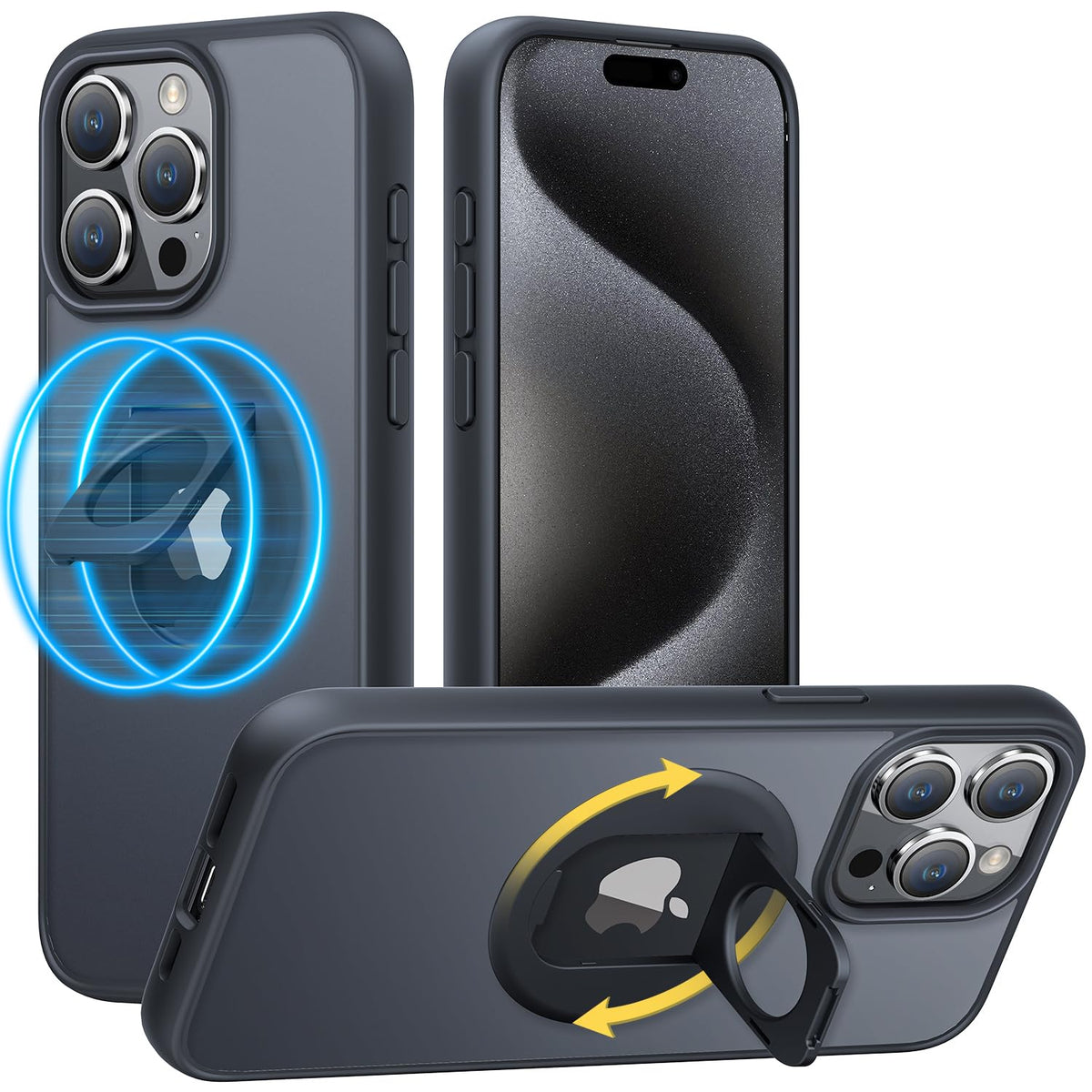 Facbiny Design for iPhone 15 Pro Magnetic Kickstand CaseCompatible with Magsafe360°Rotatable Magic Ring Stand HolderTranslucent Shockproof Phone CaseMatte Black