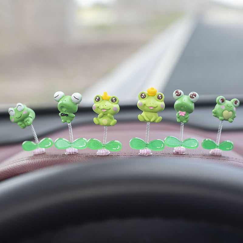 Frog Car Dashboard Bobblehead Decoration with Green Leaves