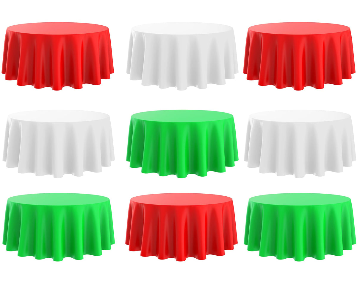 Oudain Round Tablecloth 84 Inch Premium Plastic Table Cloth Disposable Table Covers Waterproof Tablecloths for Party Dinner Birthday Camping Picnic(Red Green White9 Pack)
