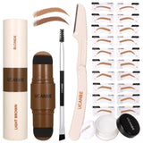 UCANBE 25PCS Eyebrow Stamp Stencil Kit With Dual-Color Eyebrow Stamp Pomade20 Reusable Eyebrow StencilsFinising PowderBrushEyebrow RazorZipper PouchWaterproof Eye Brow Stamping and Shaping Kit01