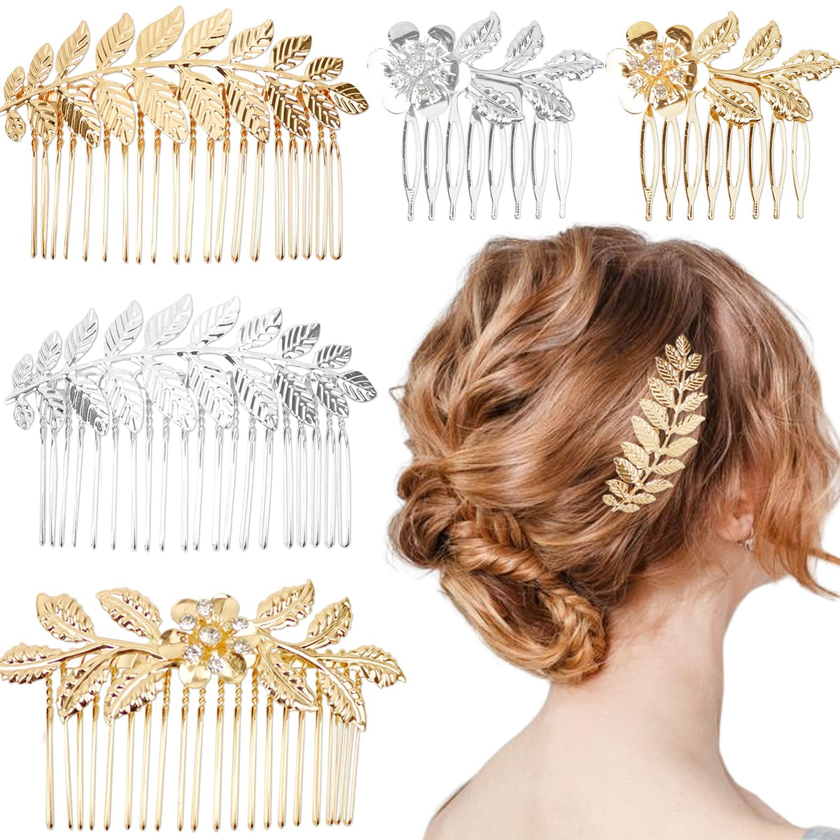 5 Pieces Leaf Hair Side Combs Gold Silver Rhinestone Hair Comb Clips with Teeth Combs for Wedding Hair Accessories for Women Girls Bride Bridesmaid (Gold Silver)