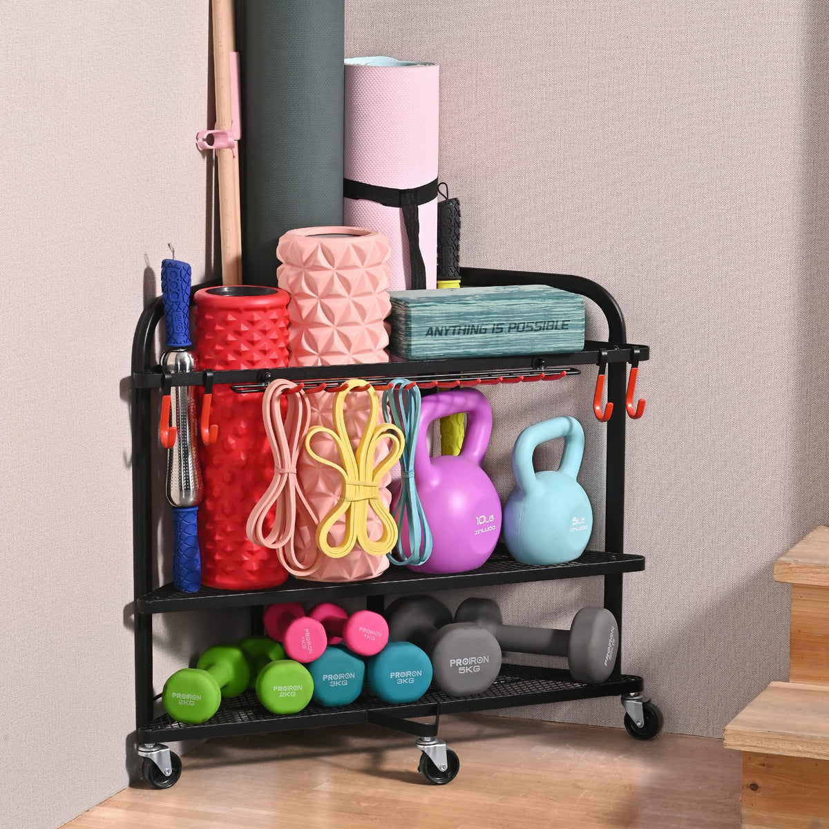 PLKOW Yoga Mat Storage Rack Home Gym Storage Rack for Yoga Mat Foam Roller Resistance Bands Yoga Block and Dumbbells Rolling Workout Storage Rack with Wheels and Hooks Powder Coated Finish Steel
