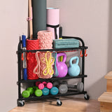 PLKOW Yoga Mat Storage Rack Home Gym Storage Rack for Yoga Mat Foam Roller Resistance Bands Yoga Block and Dumbbells Rolling Workout Storage Rack with Wheels and Hooks Powder Coated Finish Steel
