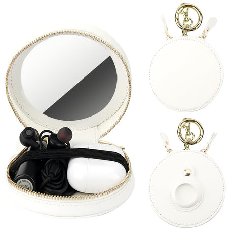 Bocasal Coin Pouch Mini Lipstick Cosmetic Bag with Airtag Holder Mirror Leather Zipper Travel Makeup Bag Organizer Keychain Ring Clasp for Key Earbuds Earphone Lip Gloss Chapstick Women Girls (White)