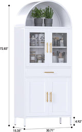 Tall Metal Arched Display Cabinet, Arch Kitchen Pantry Storage Organizer With Doors Shelves Drawers, Modern Freestanding Bookcase For Home Office Bar Living Room White