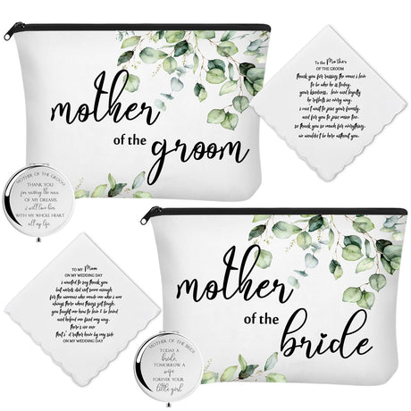 6 Pack Mother of the Groom Mother of the Bride Leaves Cosmetic Bag Wedding Gifts Mother of Bride and Groom Makeup Mirror Mom Handkerchief for Mother and Mom in Law for Engagement Favor