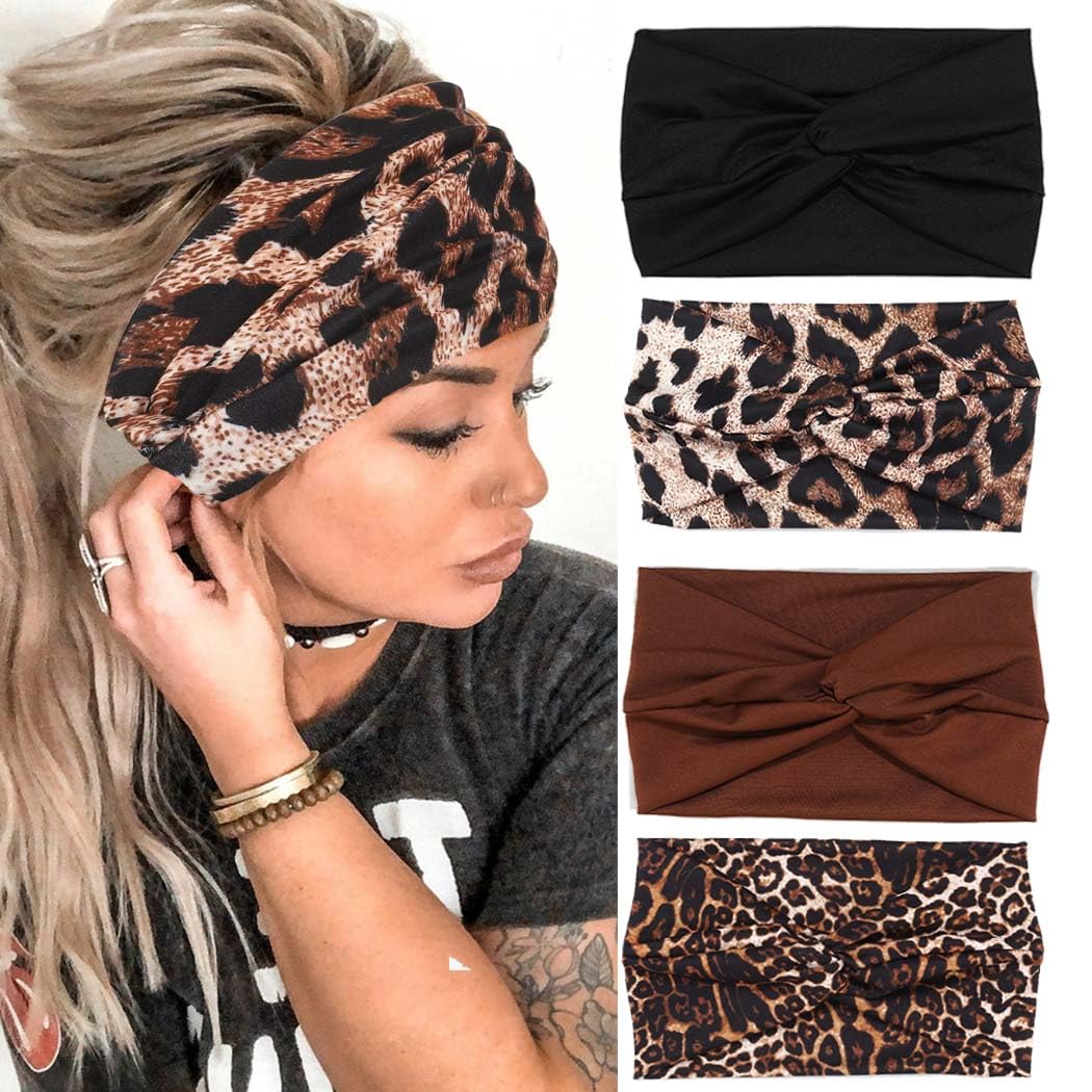 GORTIN Headbands for Women Wide Boho Headband Leopard Head Wraps Twist Turban Hair Bands Stretch Head Band Hair Accessories (A-Perfect leopard)